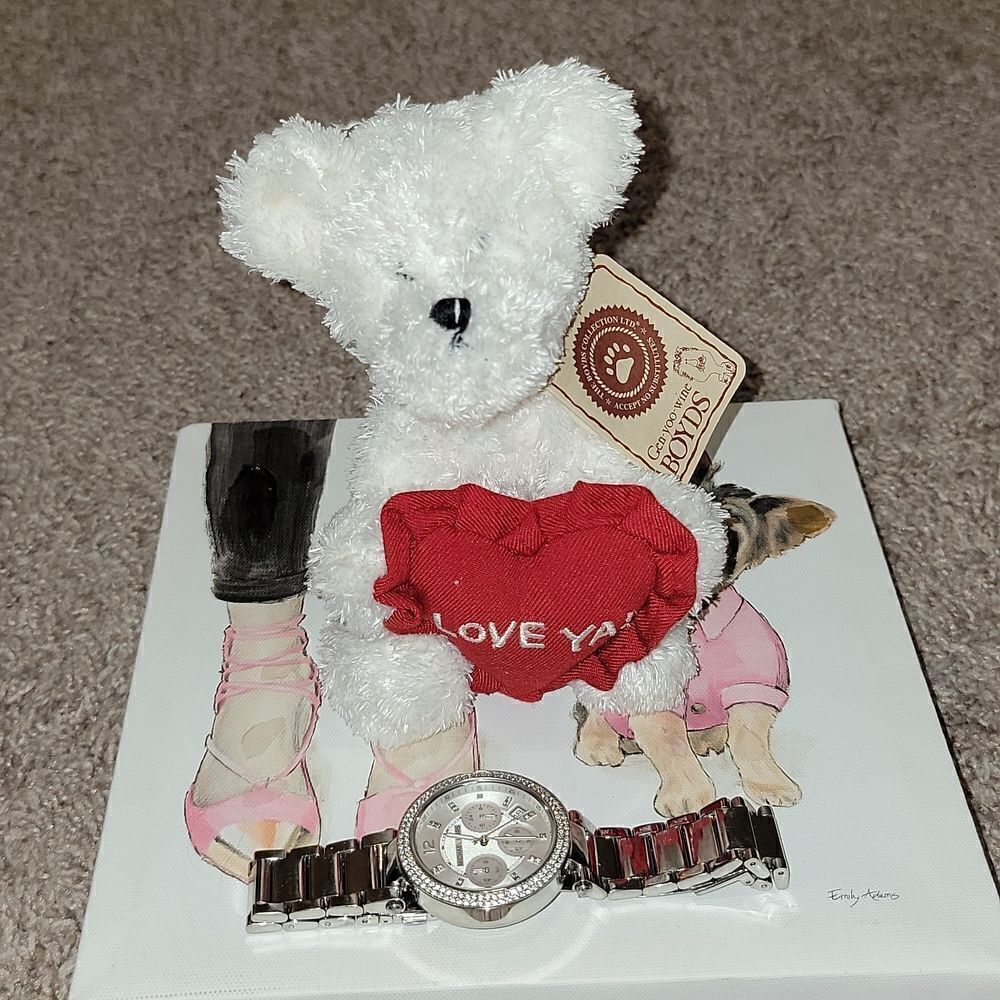 Michael Kors Bling Rhinestones Silver Stainless Watch & Boyd Bear & Original Box